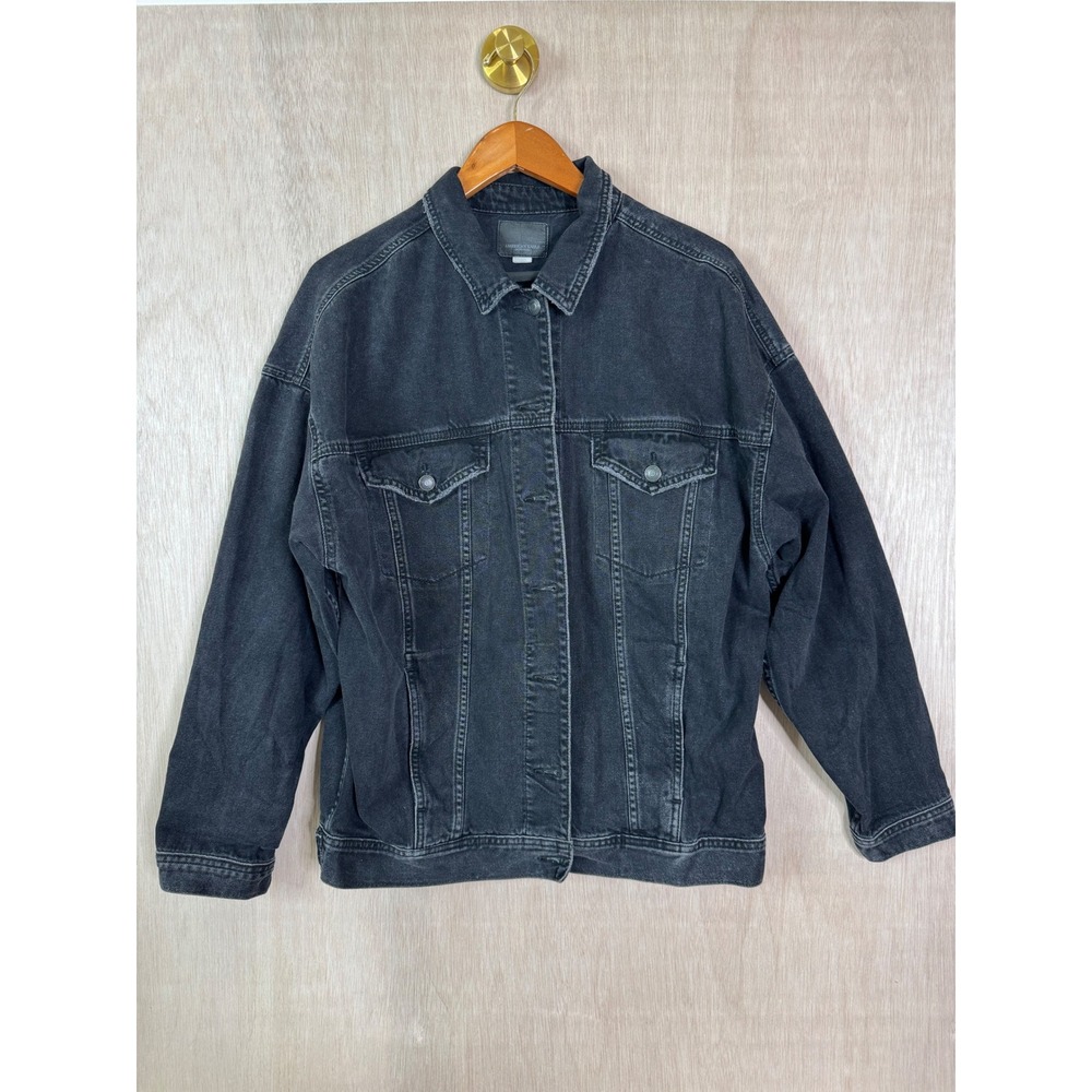 American Eagle Distressed Gunmetal Grey Denim Jean Jacket Unisex Faded Black L